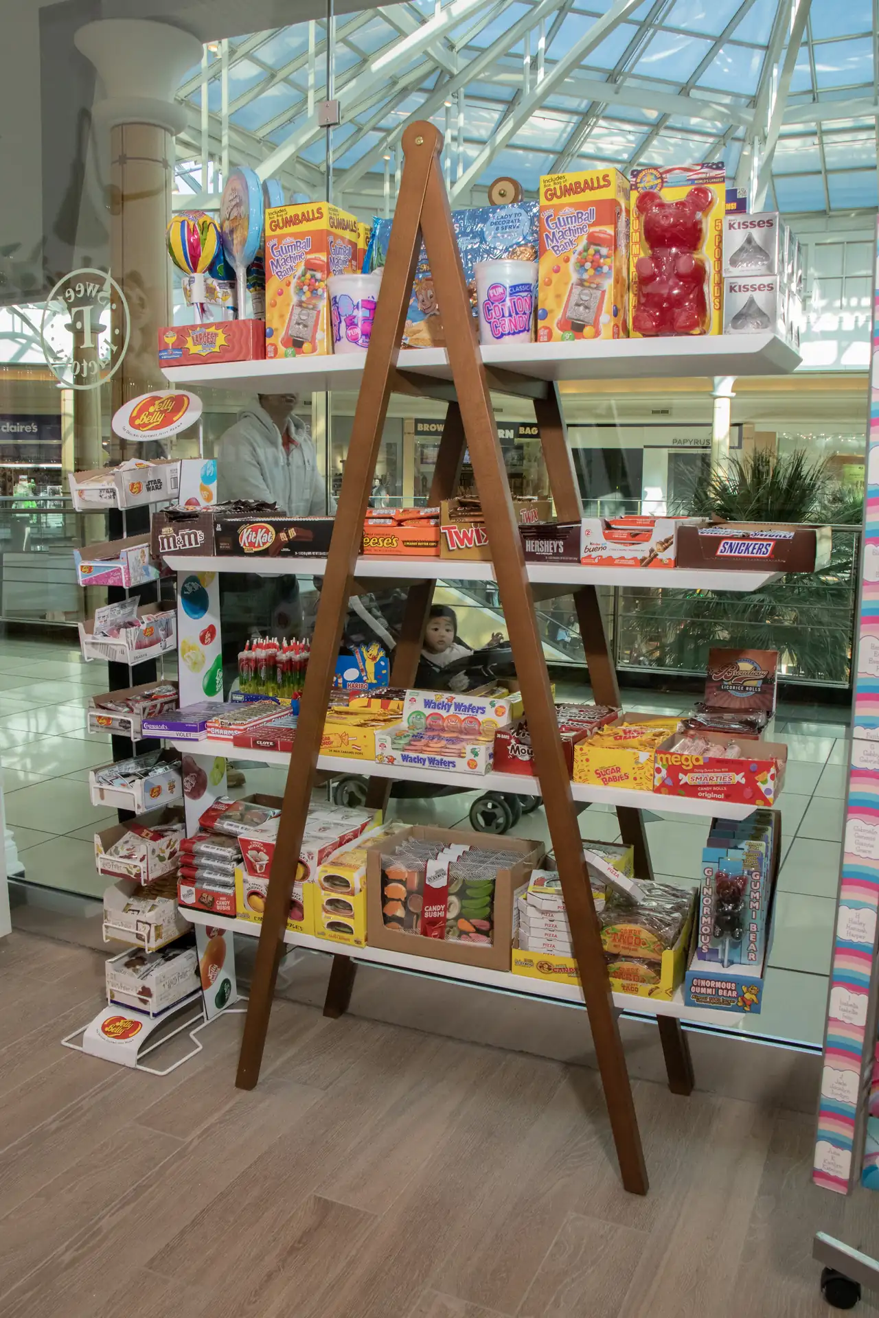 Ladder display with gumballs and novelty treats at Sweet Factory, Somerset Mall